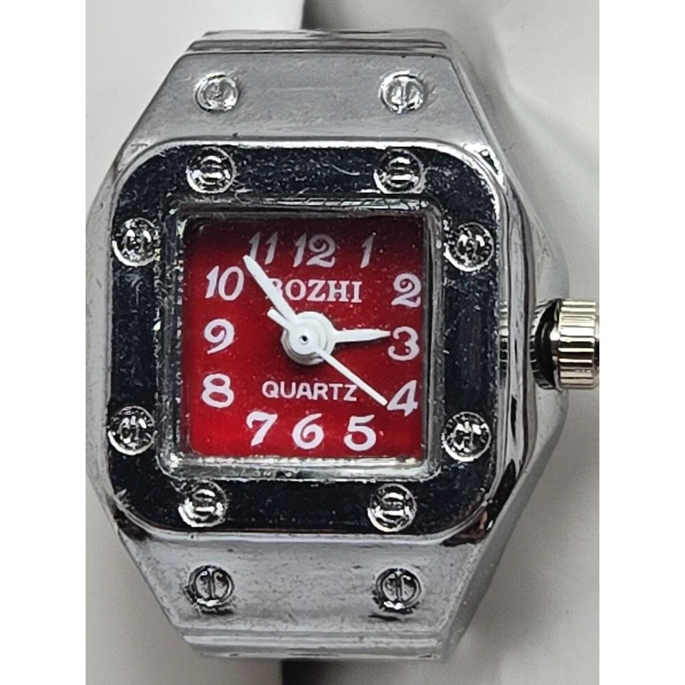 Bozhi Square Ring Watch Red Dial Silver Tone Quartz Fashion Jewelry New Battery
